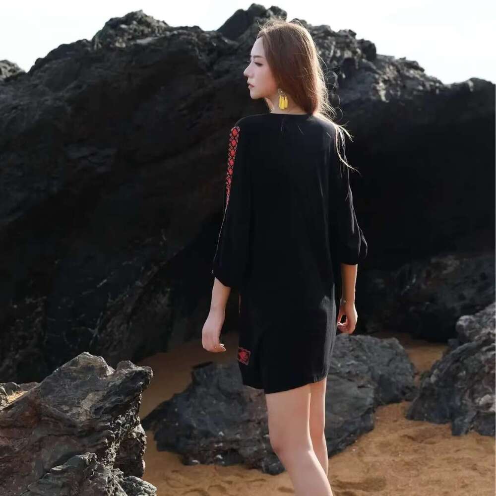 V Neck Black Beach Ral Embroidery Boho Short Dress New Ethnic Vacation Dresses Femme Summer Chic Robes