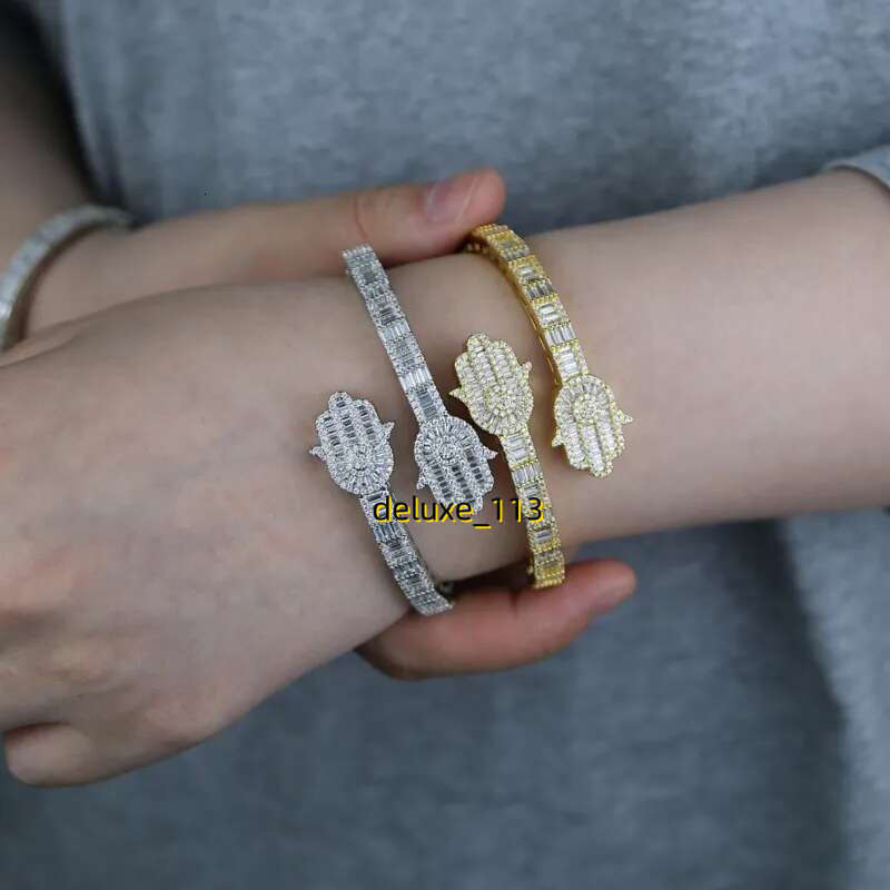 Iced Out Bg CZ Custom Opened Square Cubic Moissanite Paved Hamsa Hand Charm Bracelet Bangle Hip Hop Sparking Jewelry