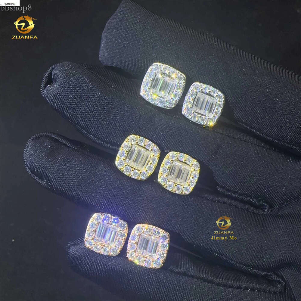New Arrivals Bulk Stock Iced Out Man Earrings Baguette Moissanite Dia Screw Back Setting Hip Hop Stud Earring