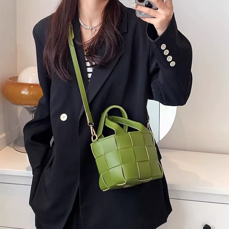 Artificial Leather Unisex Retro Braid Women Purse Handbag Bucket Shoulder Crossbody Bag