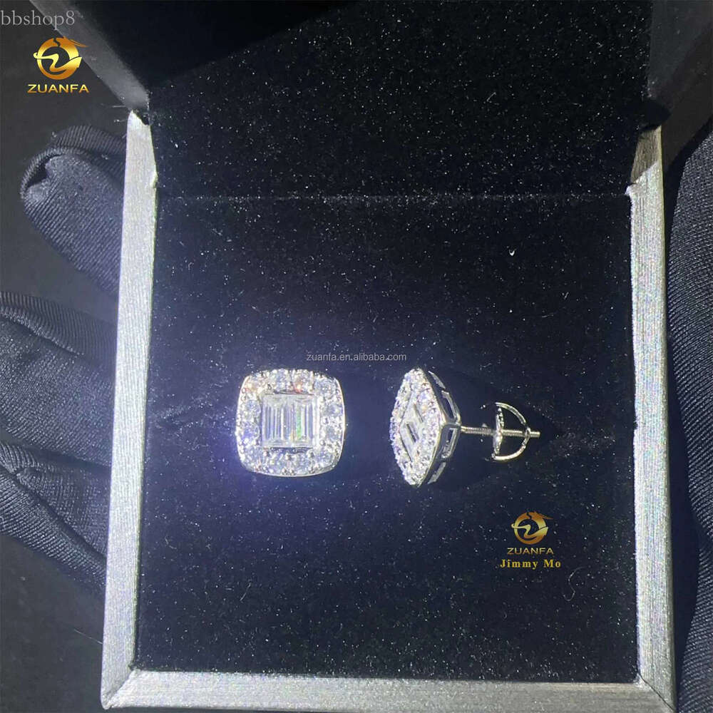 New Arrivals Bulk Stock Iced Out Man Earrings Baguette Moissanite Dia Screw Back Setting Hip Hop Stud Earring
