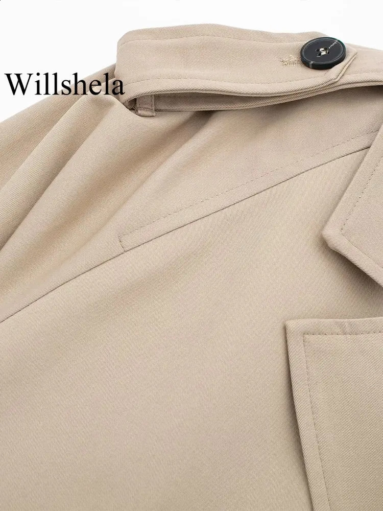 Willshela Women Fashion With Belt Cropped Trench Jacket Vintage Notched Neck Long Sleeve Female Chic Lady Coat Outfits 250118