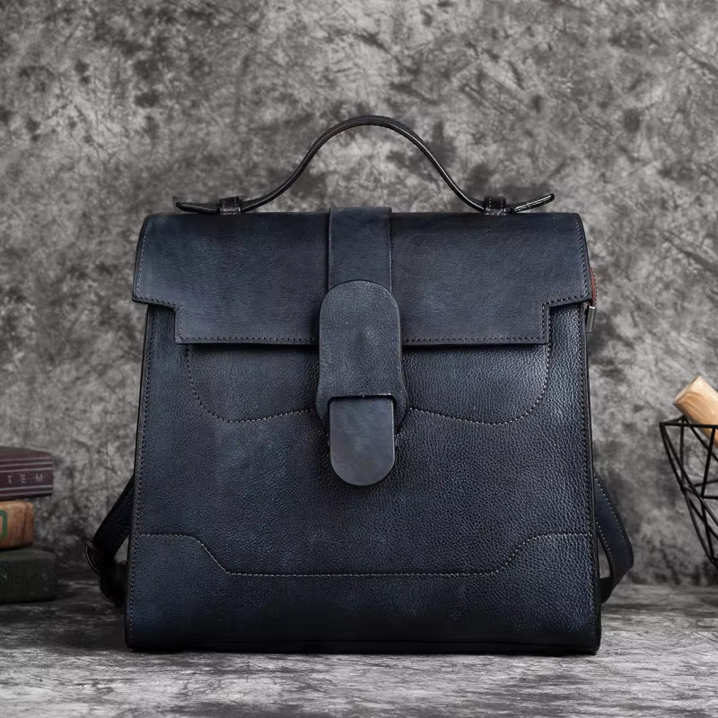 Vintage Women Genuine Backpack Solid Pattern First Layer Cowhide Travel Bags Retro Real Cow Leather Double Shoulder Bag