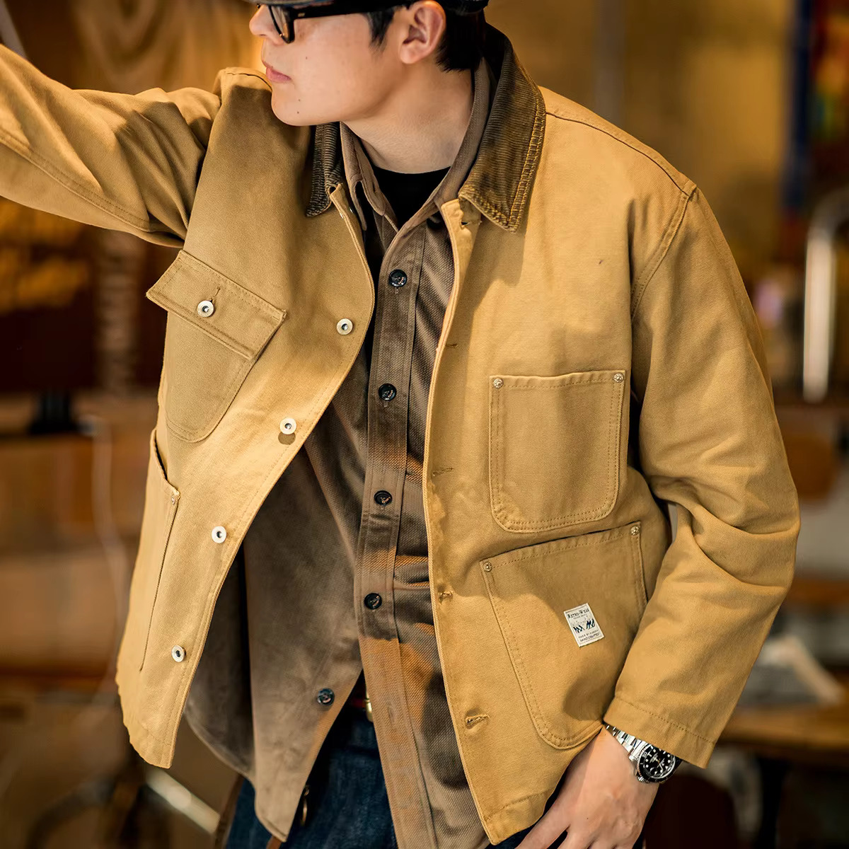 Maden Vintage Heavyweight Michigan Chore Jackets Multi-Pocket Canvas Hunting Coat For Men's Autumn Loose Lapel Collar Outwear