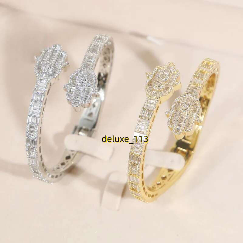 Iced Out Bg CZ Custom Opened Square Cubic Moissanite Paved Hamsa Hand Charm Bracelet Bangle Hip Hop Sparking Jewelry