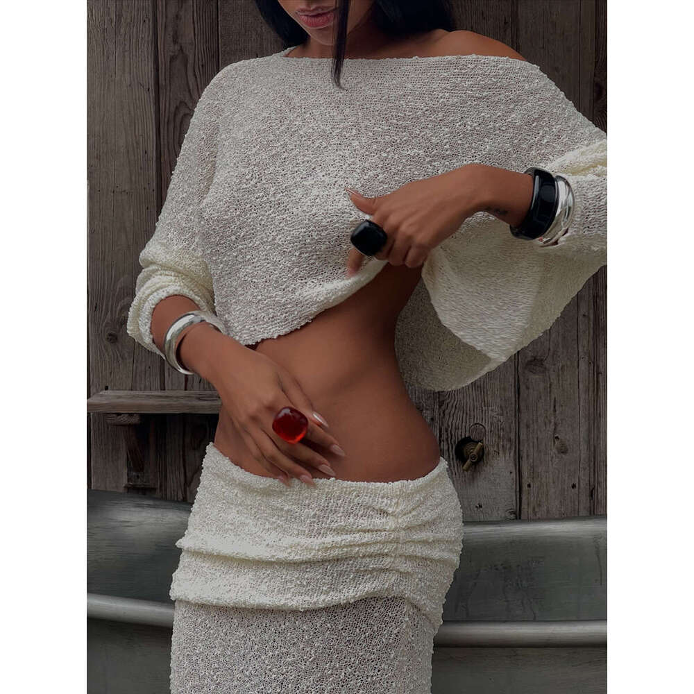 Solid Folds Knitted Sheer 2 Piece Set Skew Collar Long Sleeve Cropped T-Shirt+Long Skirts Elegant Fashion Women's Suits 2025 New