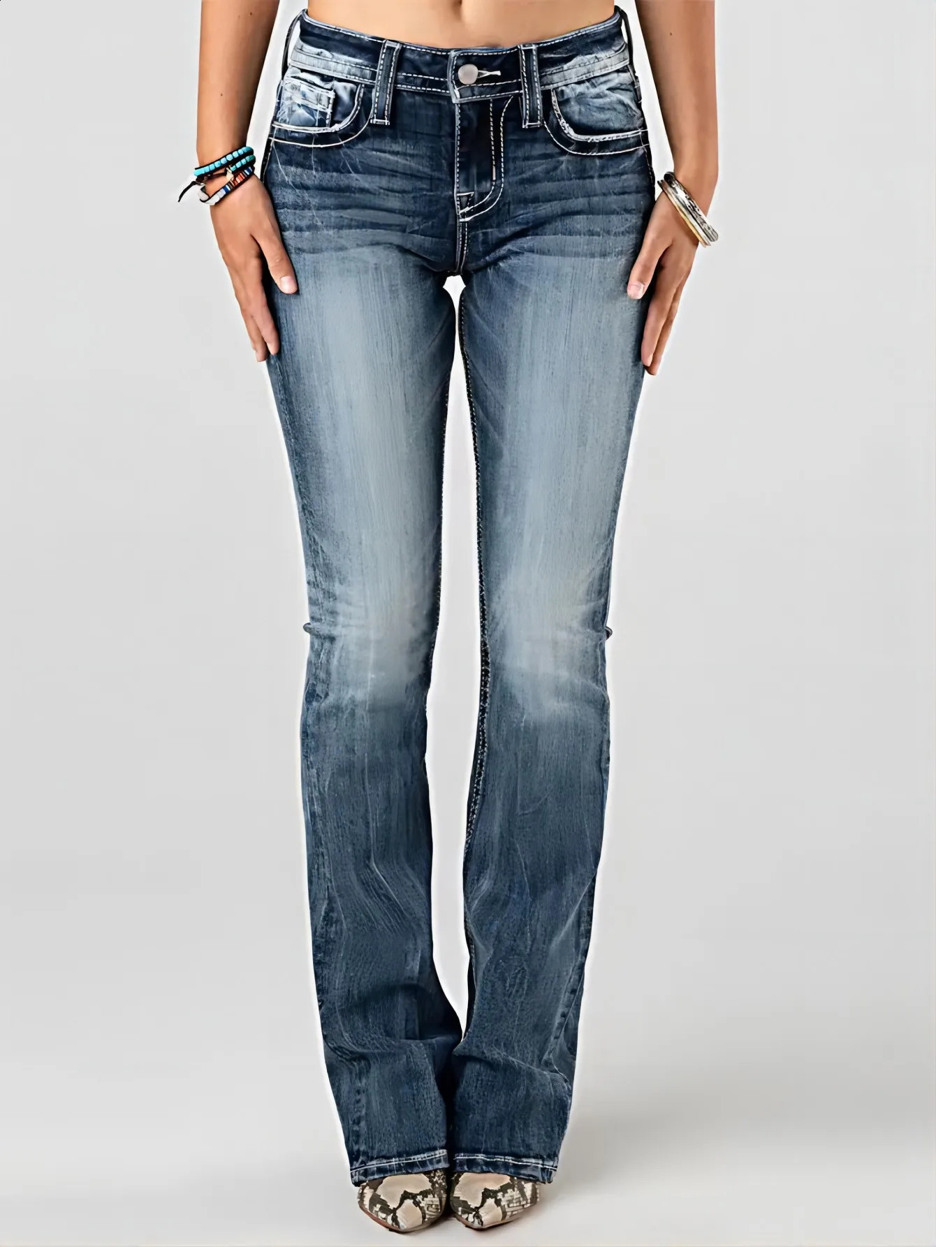 Womens high quality back bag printed jeans waist slimming flared pants 250122