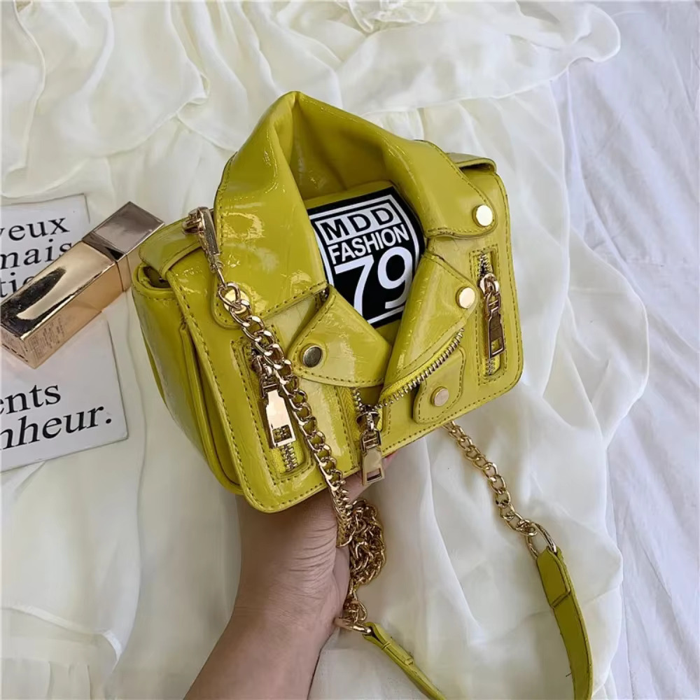 European Brand Design Chain Motorcycle Bags Clothing Shoulder Rivet Zipper Jacket Messenger Bag Women Leather Handbags
