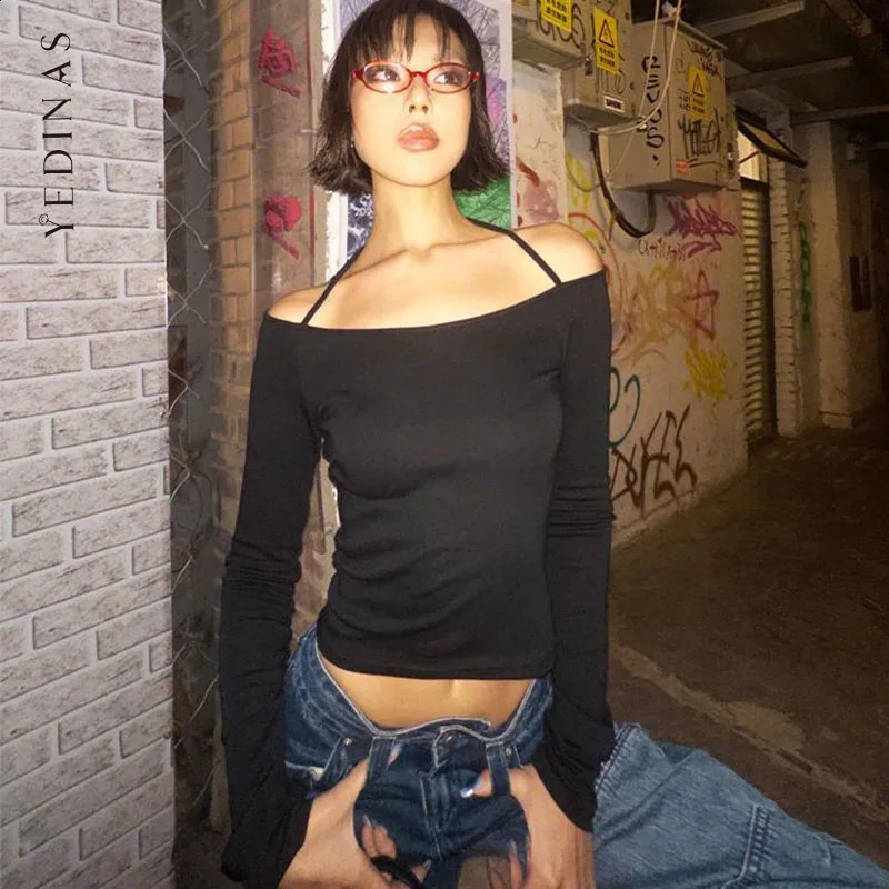 Yedinas Womens Long Sleeve Halter T Shirt Black Slim Clothes Y2K Tees Female Clothing Skinny Streetwear 2000s Tshirts Slim Tops 250109