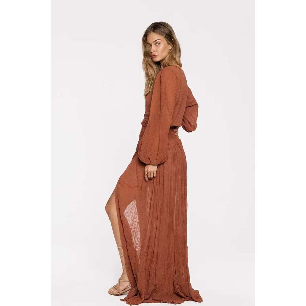 Women's Cotton Solid Color V-Neck Lantern Sleeve Maxi Sweet High Waist Summer Elegant Split Dress Beach Boho Robes