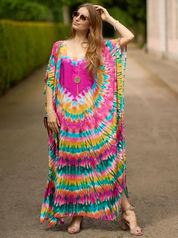 2024 Boho print bikini top sexy batwing sleeve long skirt Morocco Kafotan womens beach wear swimsuit Q1450 250122