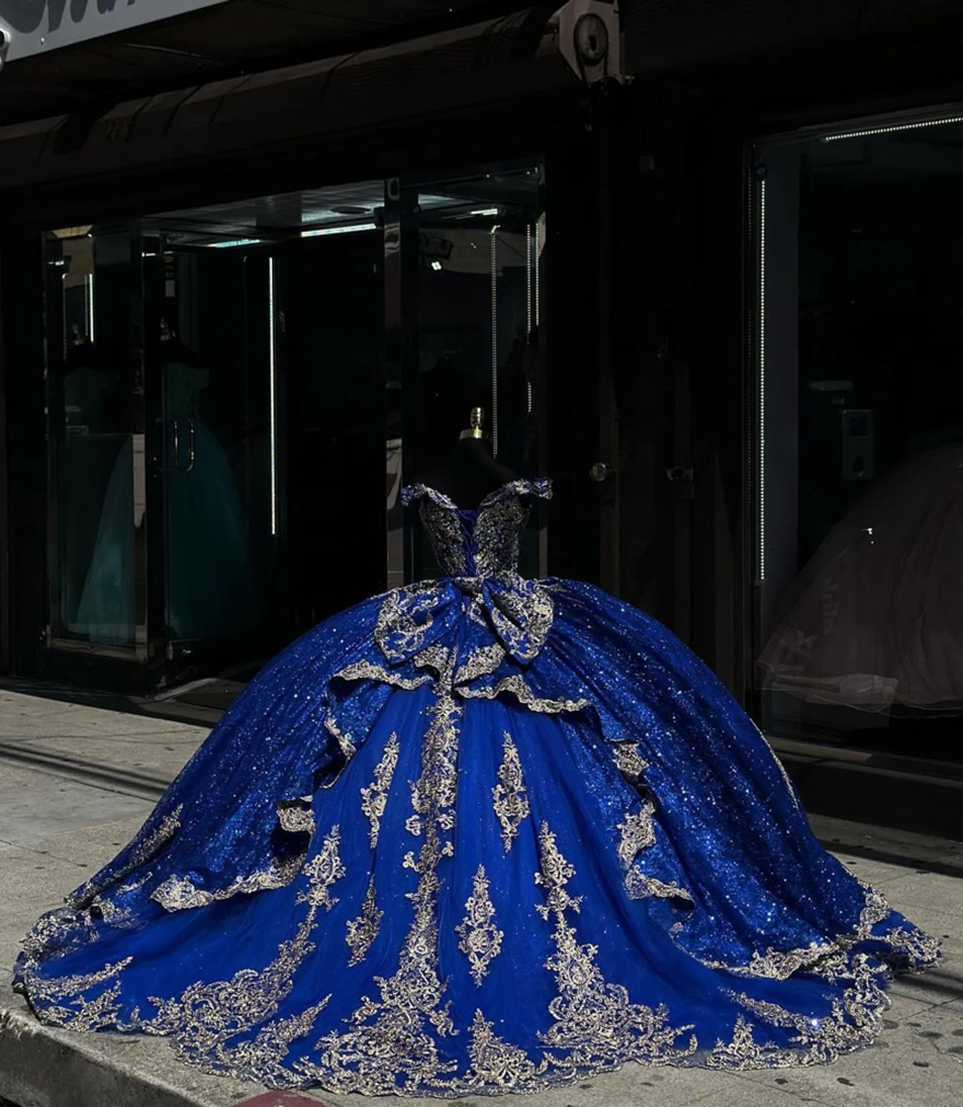 Royal blue quinceanera dresses prom ball gown off shoulder glitter sequins vestido de quinceanera gold appliqued 15 Masquerade Dress
