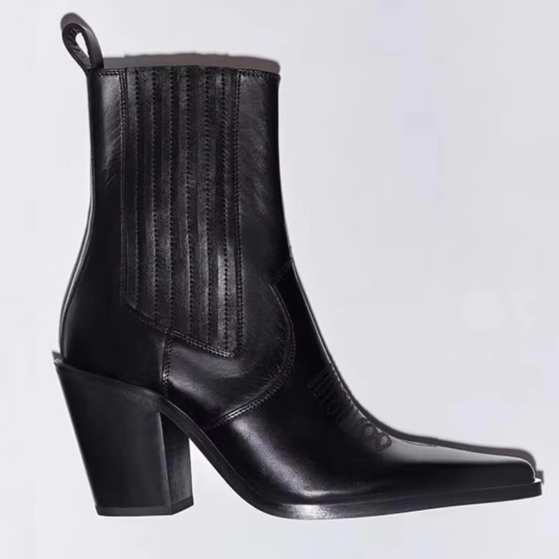2024 Autumn New Fashion Design Western Cowboy Women's Genuine Leather Retro High Heel Short Boots Modern Ankle Booties