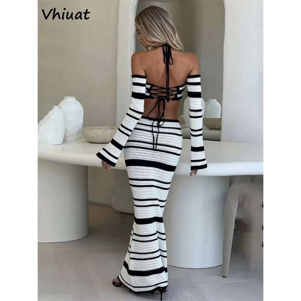 Vhiuat Summer Sleeve Tops Long Skirt Suit Women Knitted Beach Party 2 Piece Dress Set Elegant Matching Sets Outfits 2025