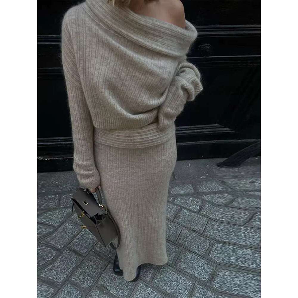 Solid Elegant Knitted 2 Piece Set Women Spring Autumn Off Shoulder Pullover Sweater+Long Skirts Sets Vintage Fashion Jumper Suit