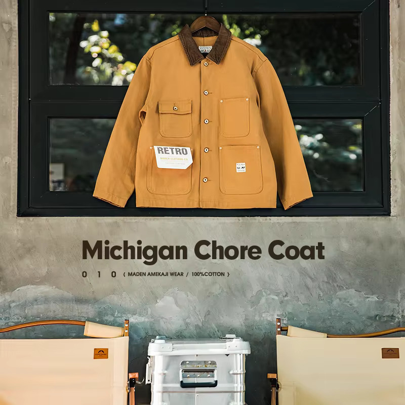 Maden Vintage Heavyweight Michigan Chore Jackets Multi-Pocket Canvas Hunting Coat For Men's Autumn Loose Lapel Collar Outwear
