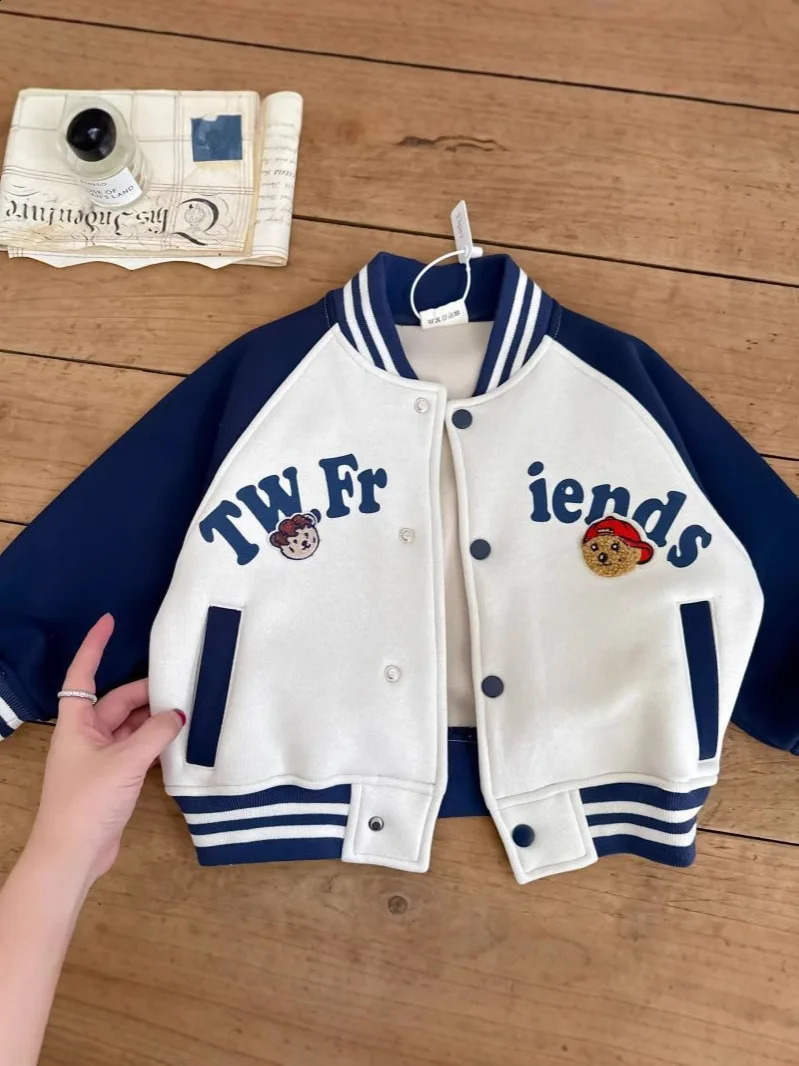 Autumn Spring Infant Baby Boy Baseball Uniform Loose Letter Bear Embroidery Little Jacket Cotton Spliced Sleeve Kid Coat 250117