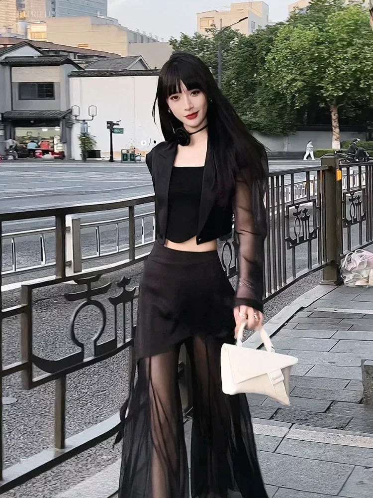 Korean Simple High Waist Hollow Out Black Pants Y2k EGirl Slim Fit Mesh Long Sleeve Top Grunge Two Piece Sets 250113