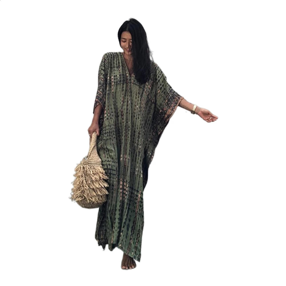 Plus Size Boho Cover Up Womens Tie Dye Batwing Sleeve V Neck Split Hem Slight Stretch Maxi Dress 250122