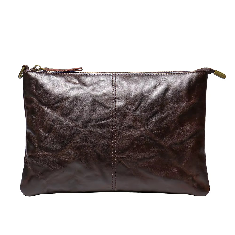 Vintage Men's Clutch Handbag Handmade Vegetable-Tanned Leather Document Top Grain Cowhide Ipad Simple Wrist Bag