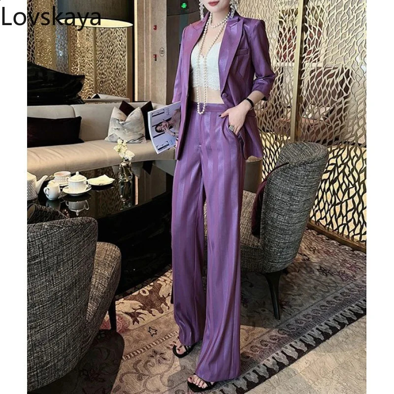 Purple striped suit jacket wide leg pants twopiece set for women professional formal attire summer waistband 250114