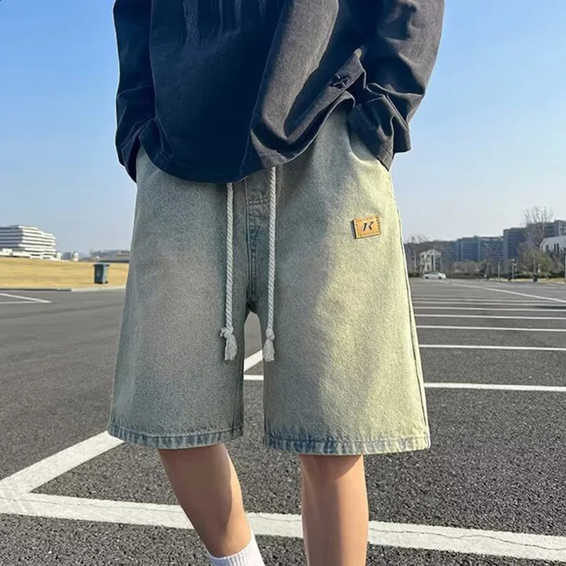 Men Basic Loose Outdoor Sports Casual Shorts Male Daily Knee Lenght Denim Short Pants Straight Wide Leg Wash Summer Jeans 250110