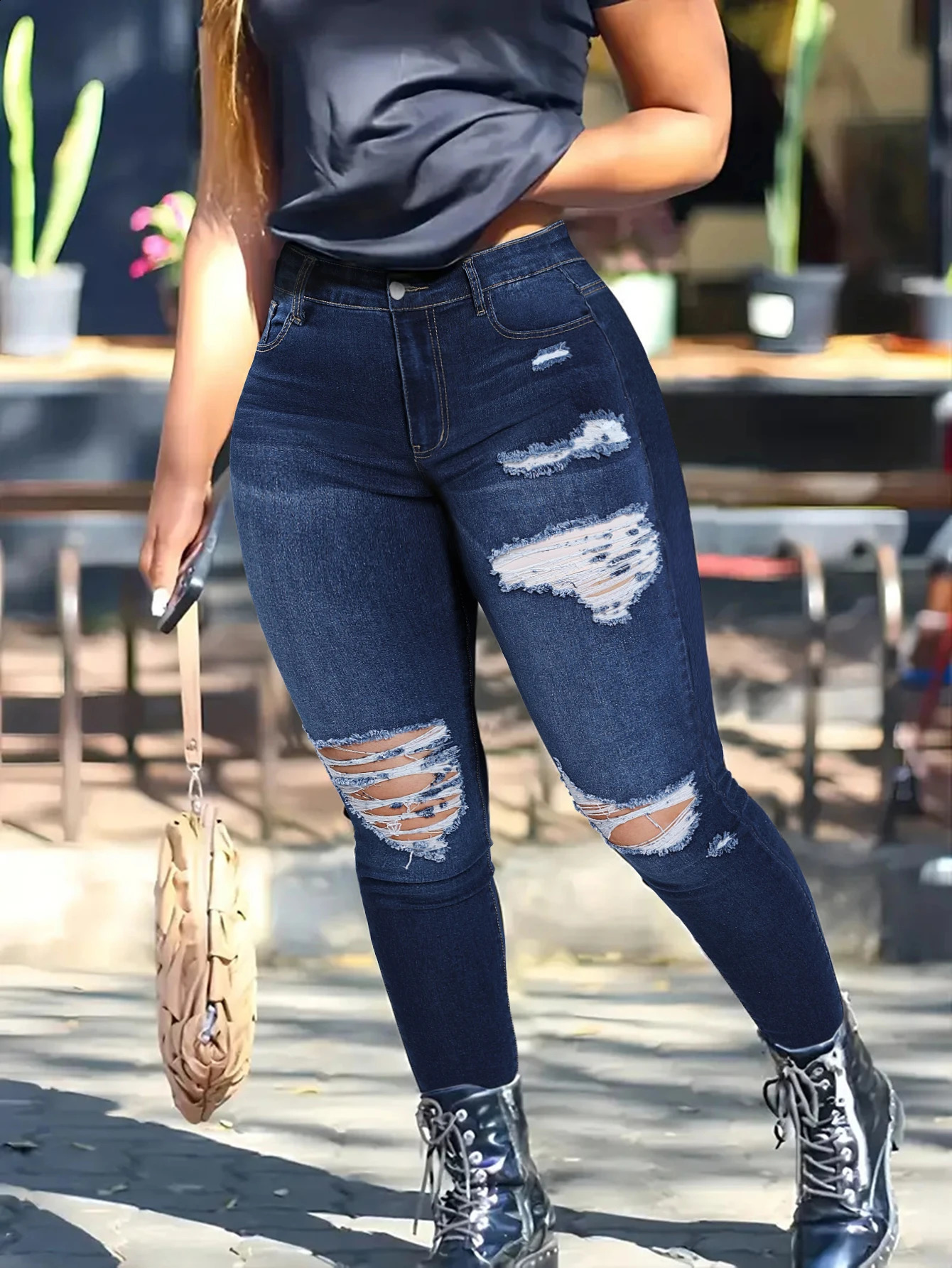 Fashionable Boutique Womens Stretch Small Foot Girls Jeans Ripped Holes and Cut Washed 250122