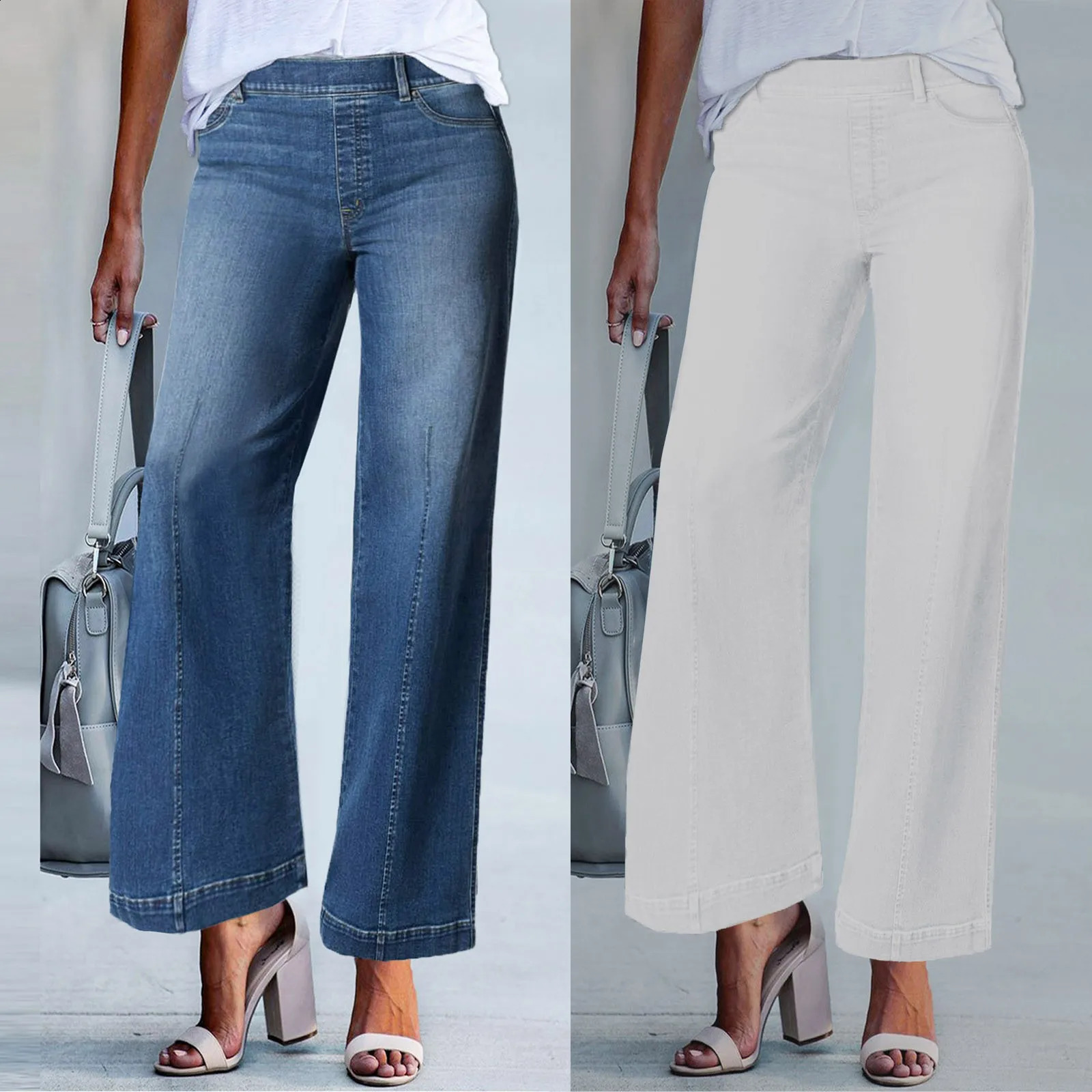 Fahionable Versatile Blue Color Lighted Jeans For Women Seamed Front Wide Leg Solid Casual Slimming Nine Length Trousers 250122