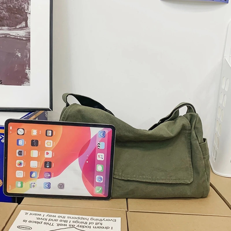 Large Canvas Bag For Women Solid Color Japanese Shoulder Bag Shopping Messenger Bag Crossbody Bag 250120