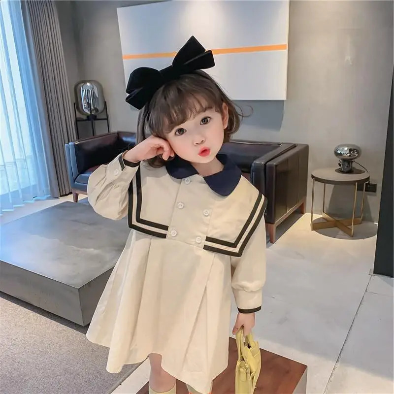 Spring Infant Baby Girl Trendy Dress Cotton Preppy Style Turn Down Collar Kid Casual Long Sleeve Toddler Vestido 250117