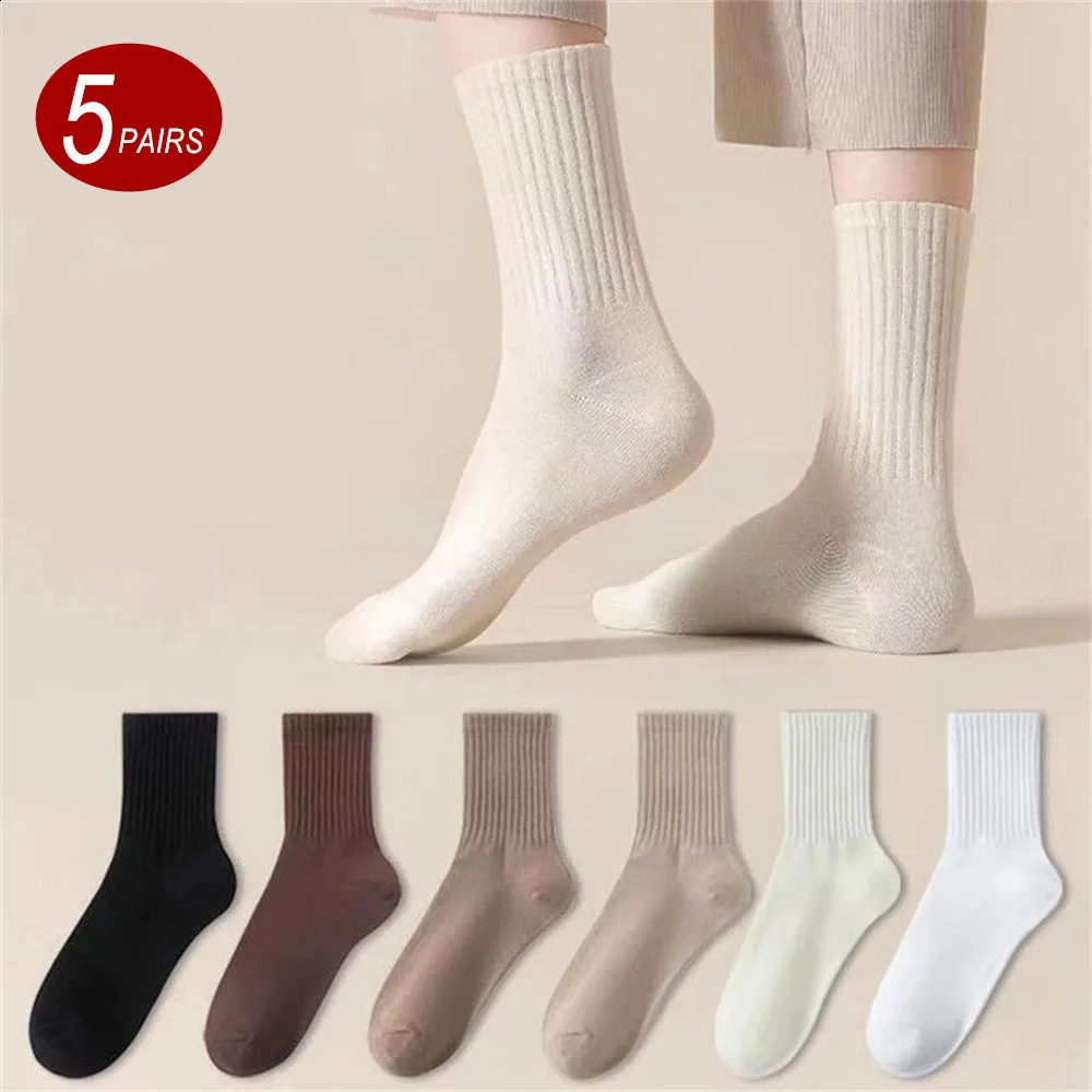 5 Pair /Lot Breathable Women Socks Pack Set White Black Polyester Cotton s Middle Tube Socks Spring Autumn 250121