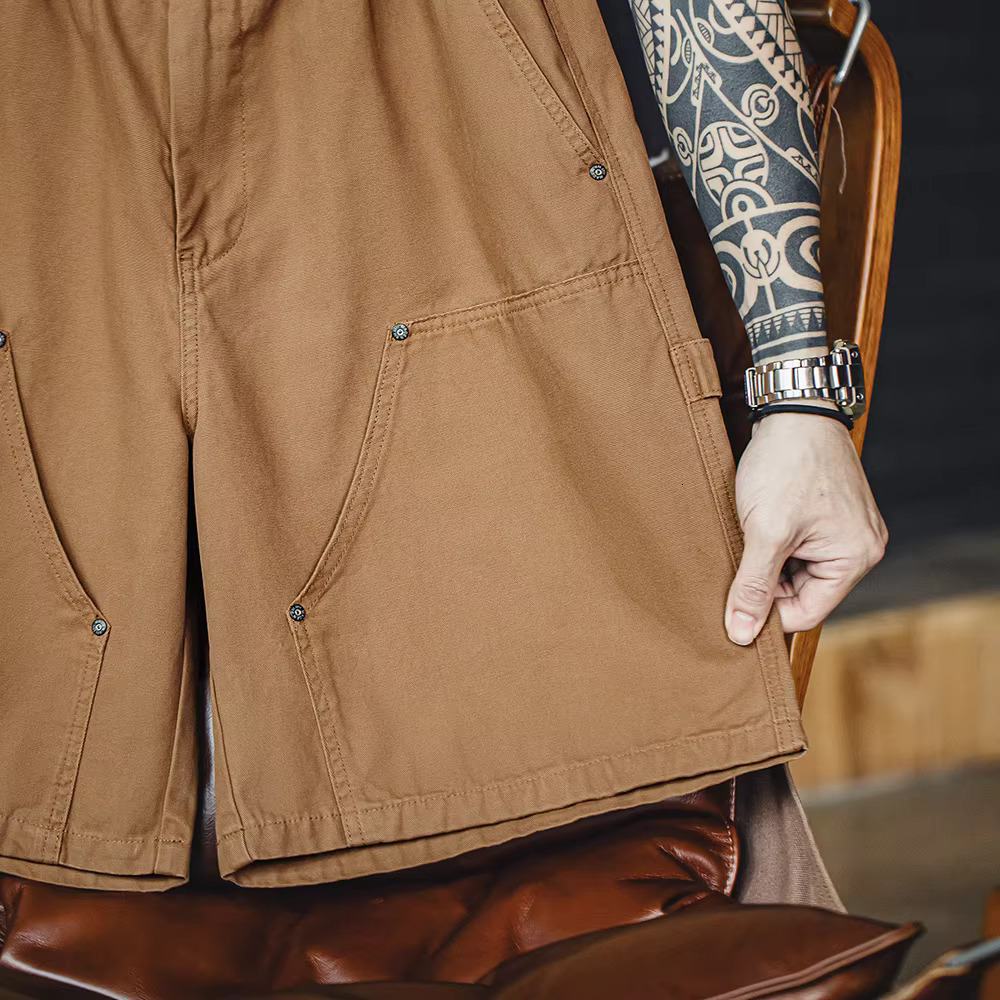 Maden Retro Logging Shorts With Elastic Waist Buttoned Cotton Straight Loose Solid Color Five-Quarter Pants For Men's Summer