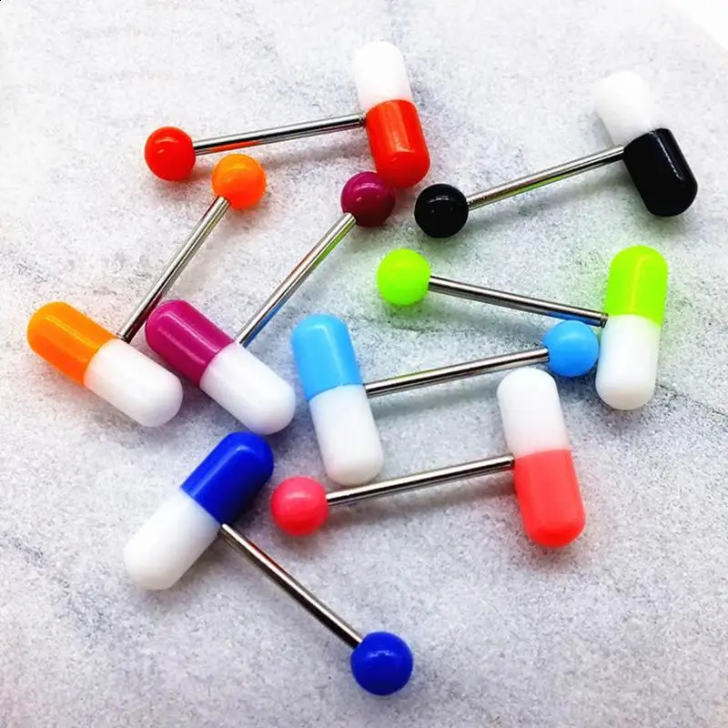 10pcslot Colorful Capsule Tongue Rings Acrylic Pill Piercing Steel Punk Body Jewelry Decor Gifts 250110