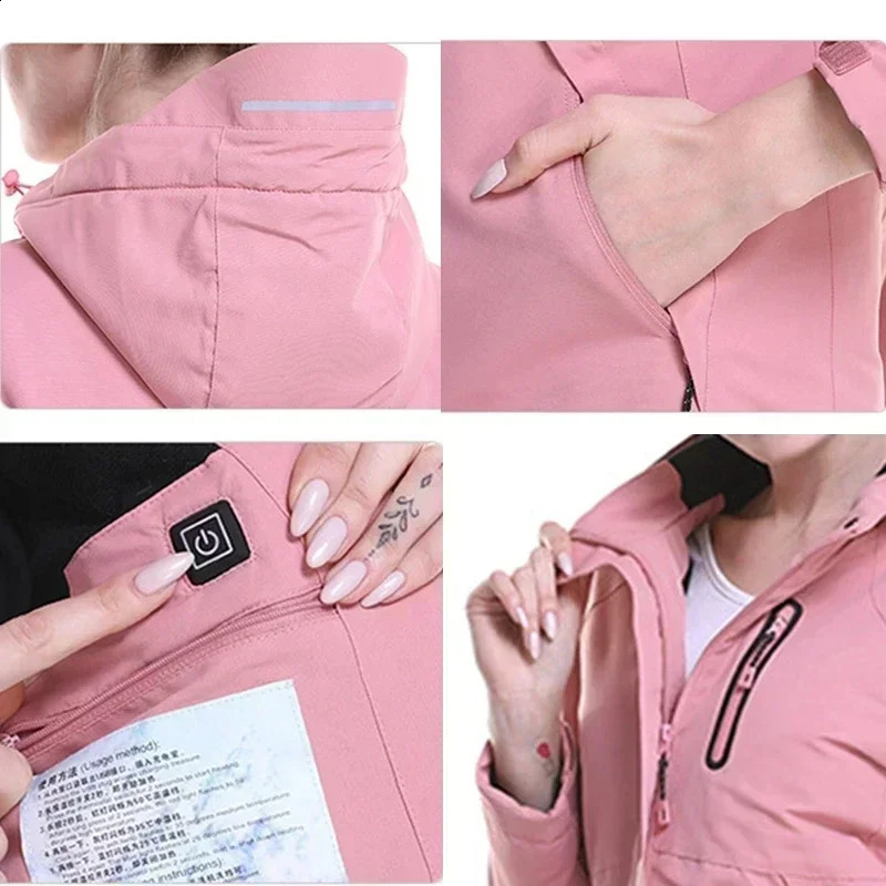 Women USB Heated Jacket Long Sleeves Hooded Coat Skiing Hiking Vests Winter Thermal Clothing Heating Windbreaker 250122