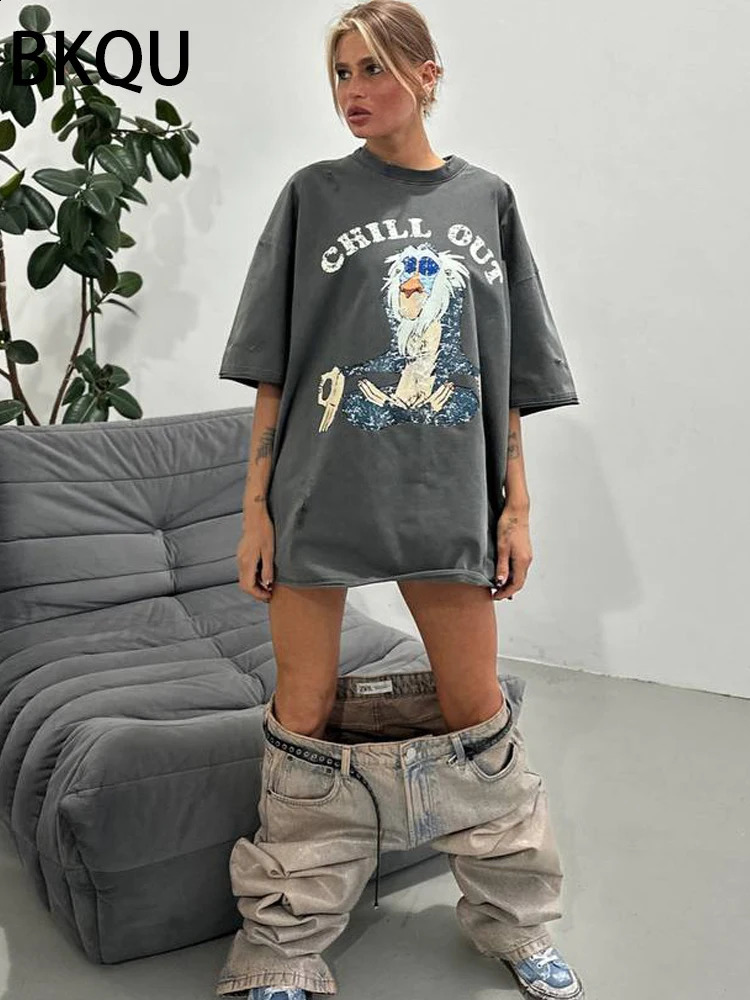 BKQU Cartoon Graphic Printed T Shirt Women Ripped Half Sleeve O-neck Tee Shirts Letter Loose Oversized y2k Pullovers Streetwear 250118