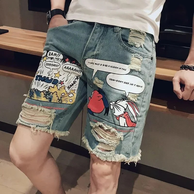 Male Denim Shorts Ripped with Text Mens Short Jeans Pants Multi Color Sale Retro Streetwear Stretch Jorts Vintage Xl Harajuku 250113