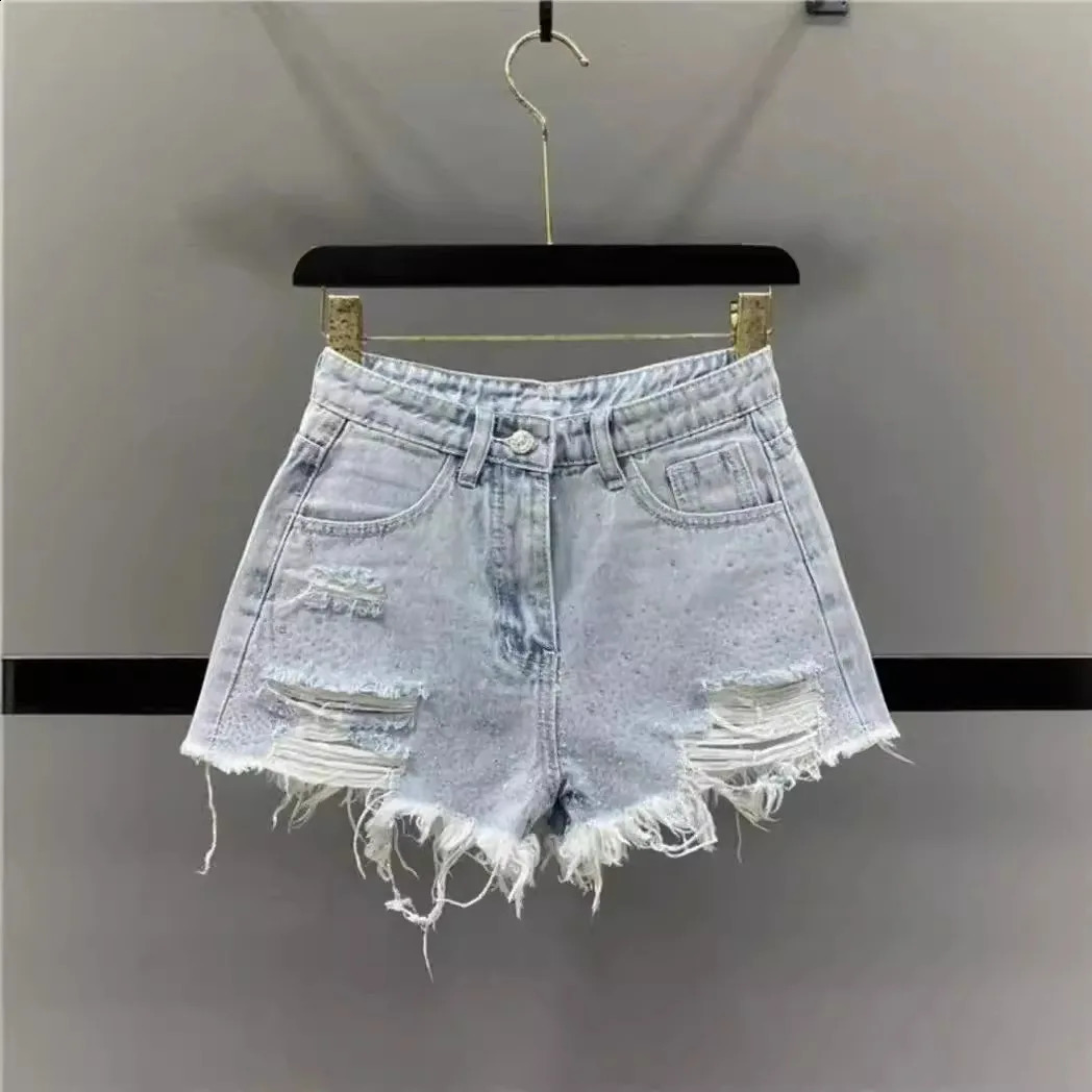 Womens 2025 Summer High Waist Diamond Denim Shorts with Broken Holes and Wide Legs Pants Jean Shorts 250118