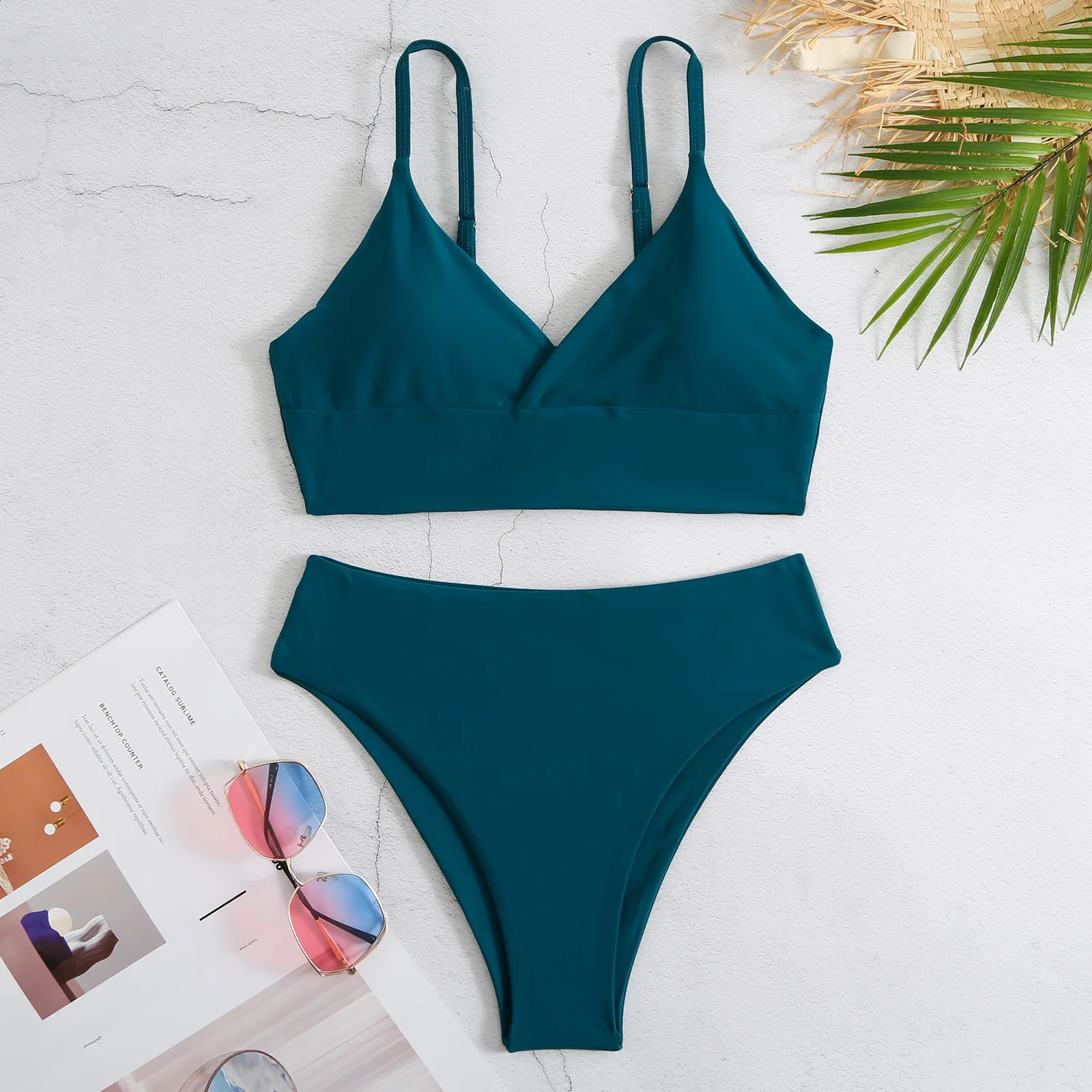 High Waist Bikinis Women Solid Strape Swimsuit Female Padded Swimwear Bathers Bathing Swimming Swim Suit Summer Beachwear 250122