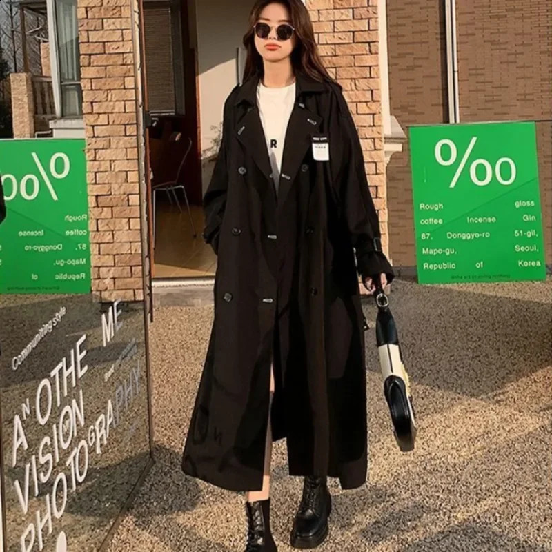 Black trench womens British style button brushed streetwear fashion OL casual autumn coat with warm pocket 250118
