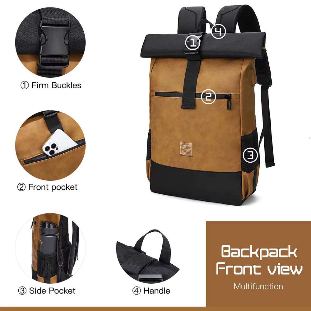 Evervanz Men Women Rolltop Leather And Polyester Laptop Backpack 17 Inches Large School Bag With USB Charging Port