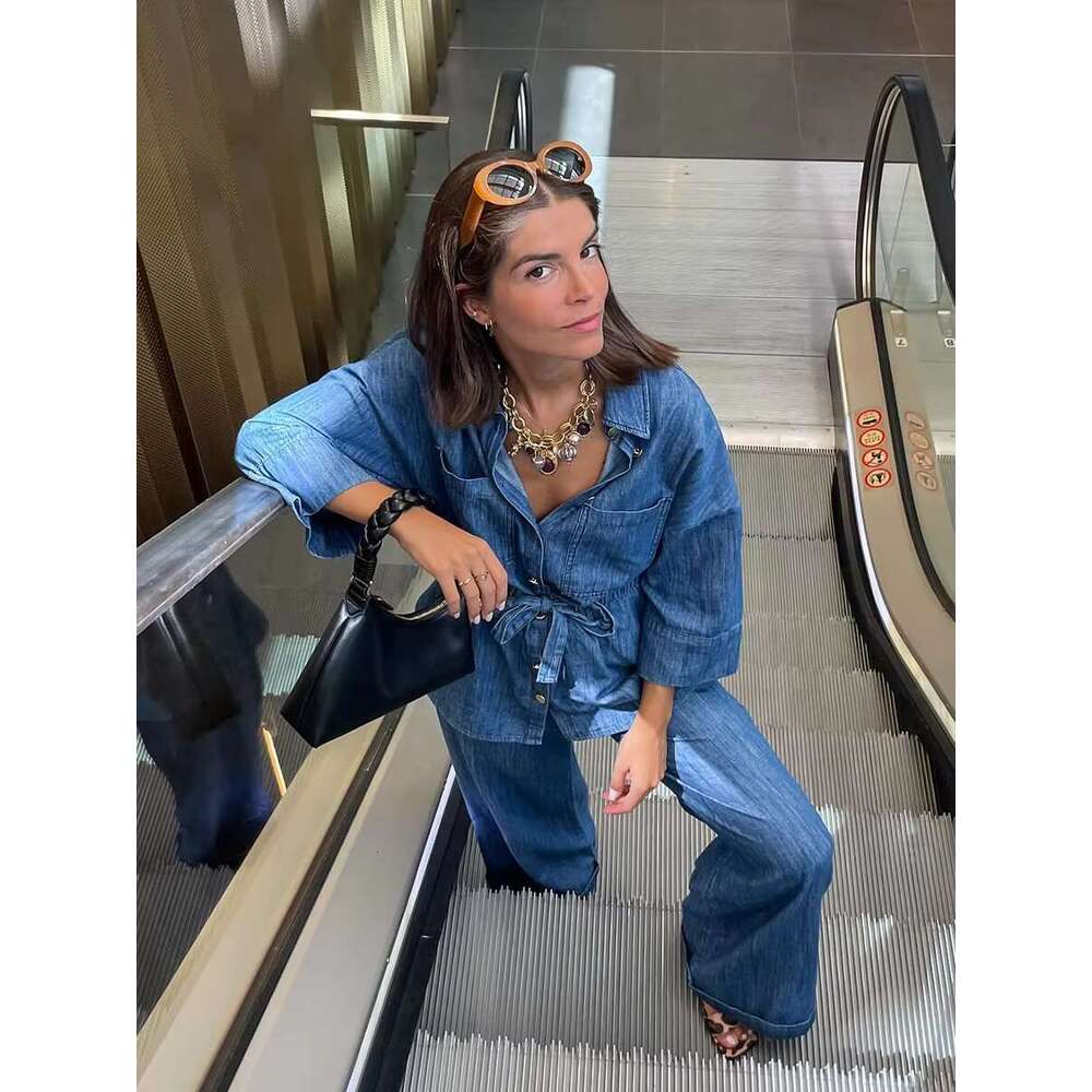 Spring New Solid Casual Pants Sets Women Pockets Elastic Waist Blouse +Wide Leg Trouser Elegant Fashion Shirt 2 Piece Set 2025