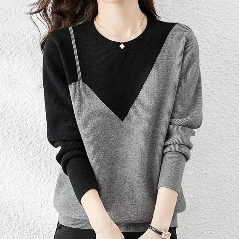 Contrasting Colors Long Sleeved Female Sweater Round Neck Lady Knitting Tops Fashion Loose Fitting Pullovers Women Knitwear 250114