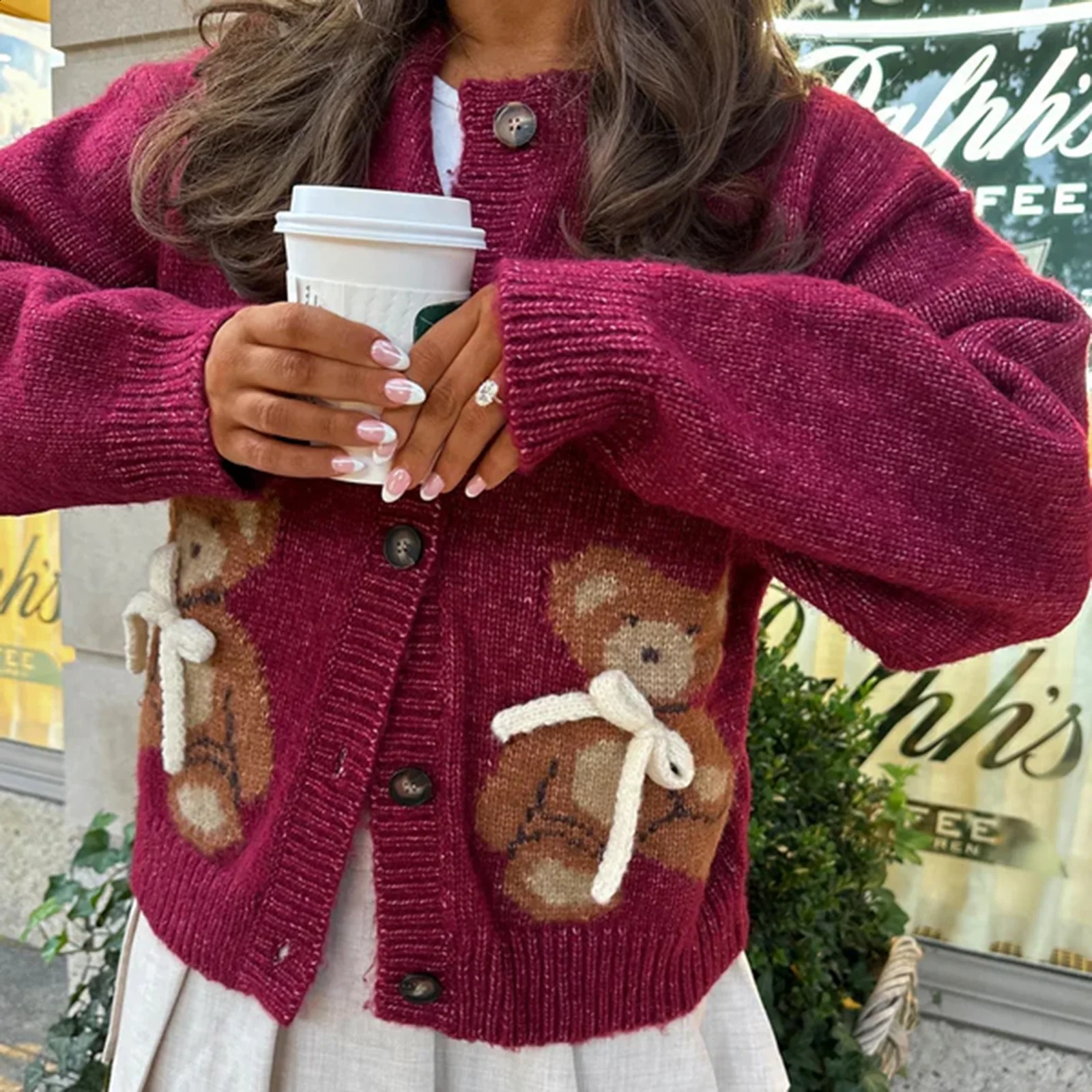 Combhasaki Womens Christmas Autumn Y2K Cute Sweater cardigan wool sweater top long sleeved round neck button down bear print knit jacket 250122