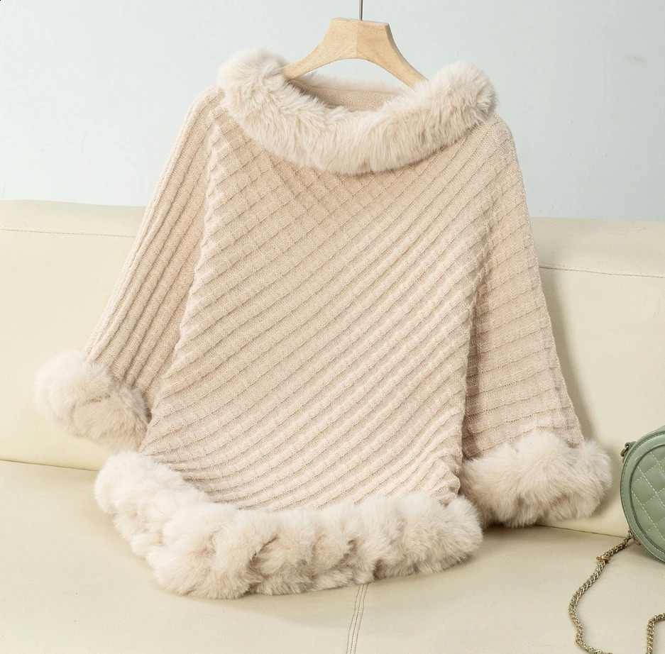 Fashion Cape Coat Women Autumn Winter Plaid Stripes Faux Fur Pullover Knit Loose Comfort Cloak Wraps Party Shawl Coat 250121