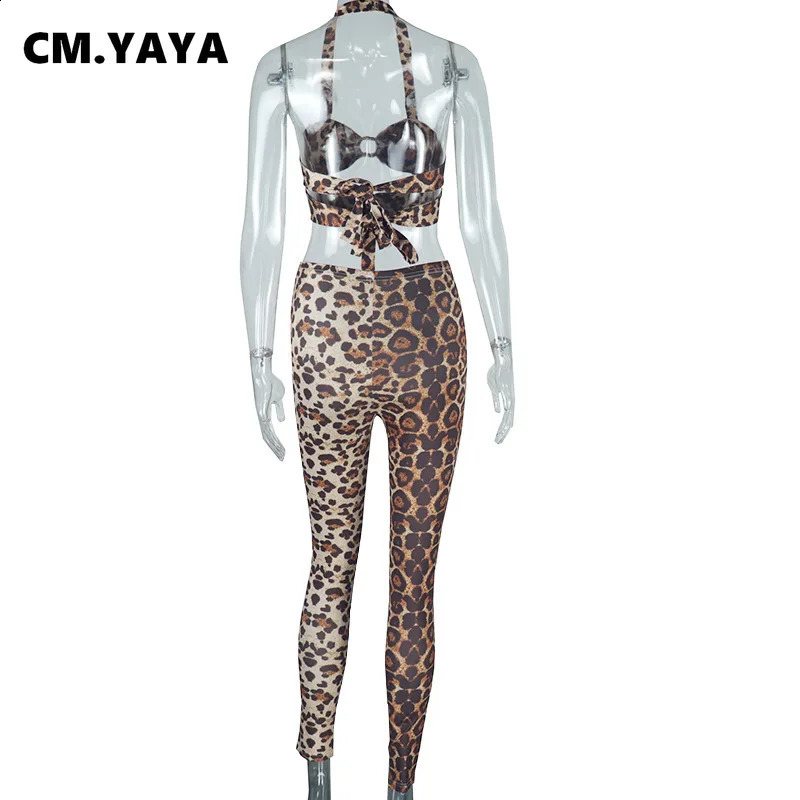 CM.YAYA Streetwear Womens Set Leopard Print Strapless Halter Top Pant Tracksuits Party Sexy Slim Two 2-Piece Set Outfits 250122