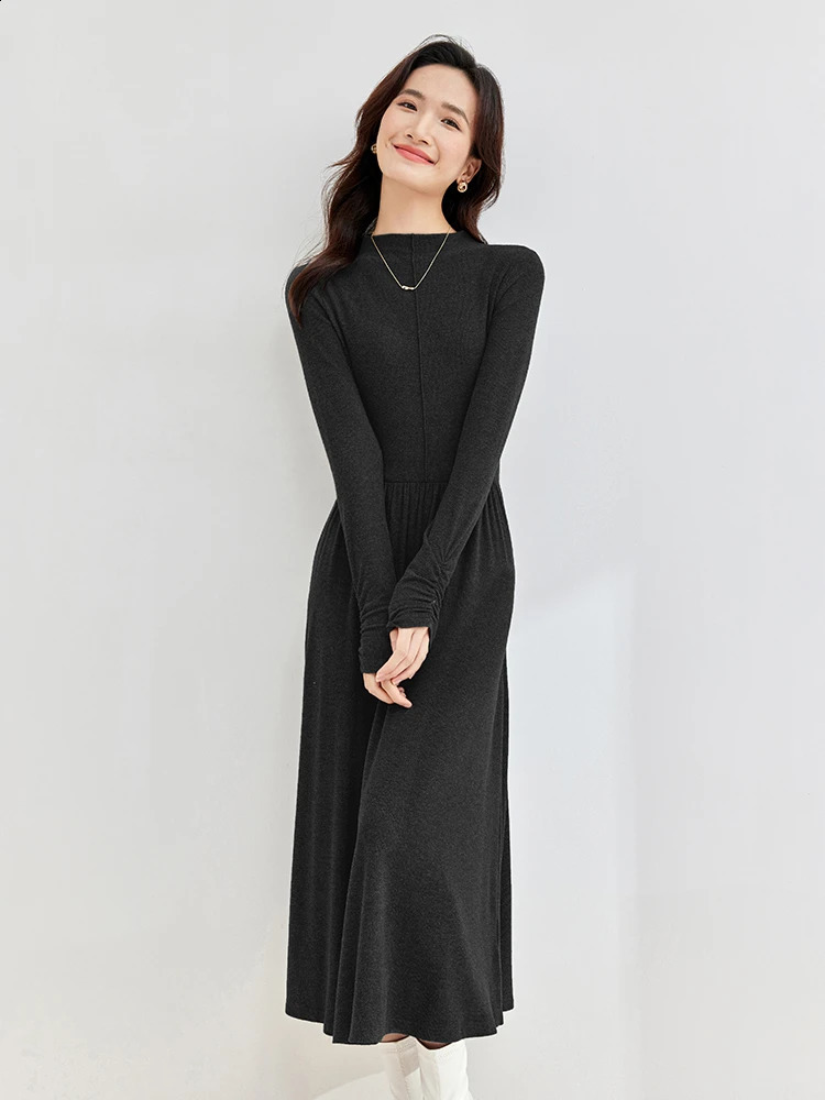 SENTUBILA Women Knitted Dresses Winter Knitwear Long Sleeve A-line Elegant Black Midi Dress Womans Clothes 144L58348 250122