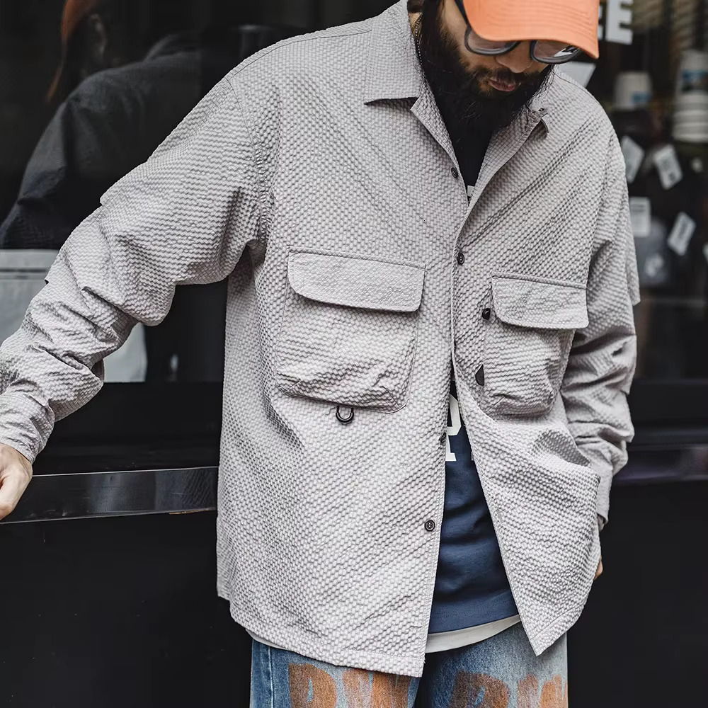 Maden Outdoor Cuban Collar Seersucker Long-Sleeved No-Iron Anti-Wrinkle With Pocket Design Thin Solid Color Shirt For Men