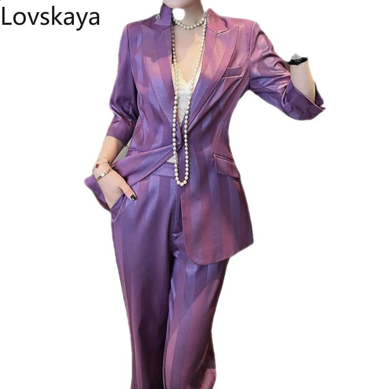 Purple striped suit jacket wide leg pants twopiece set for women professional formal attire summer waistband 250114