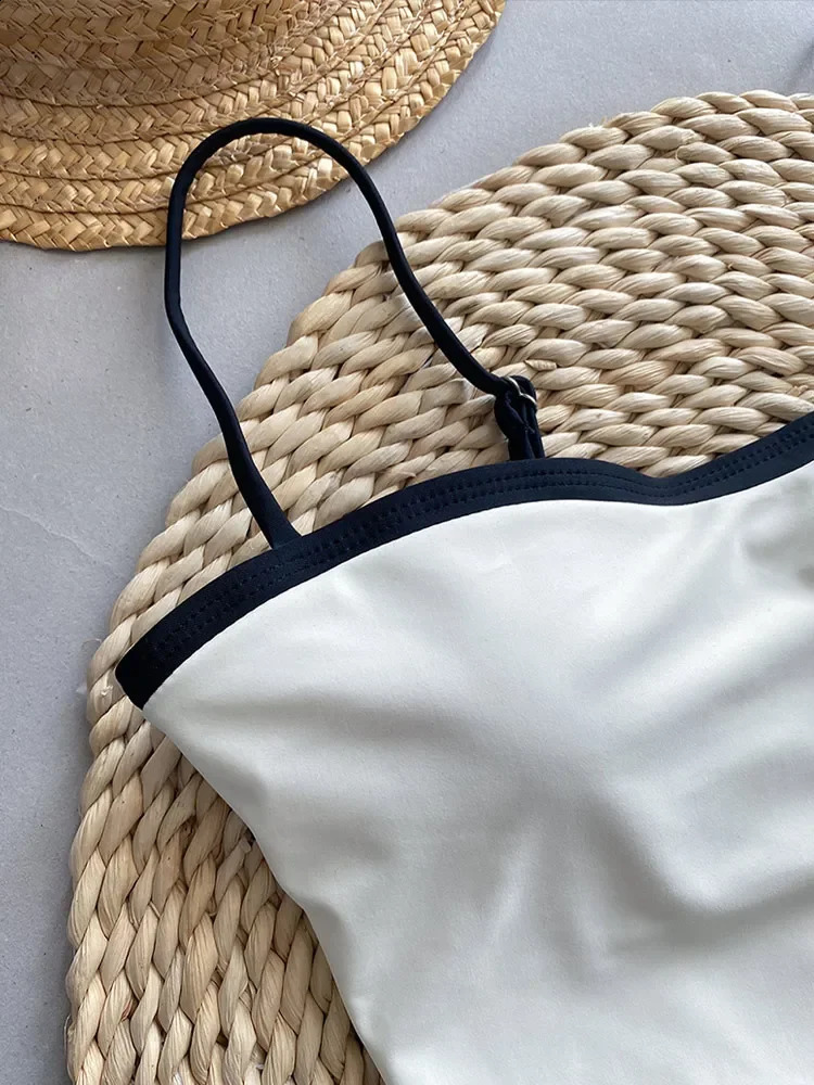 Sexy Black White Contrasting Women Bodysuit Fashion Square Neck Sleeveless Bodycon Swimsuit Summer Lady Beach Vacation Tops 250109