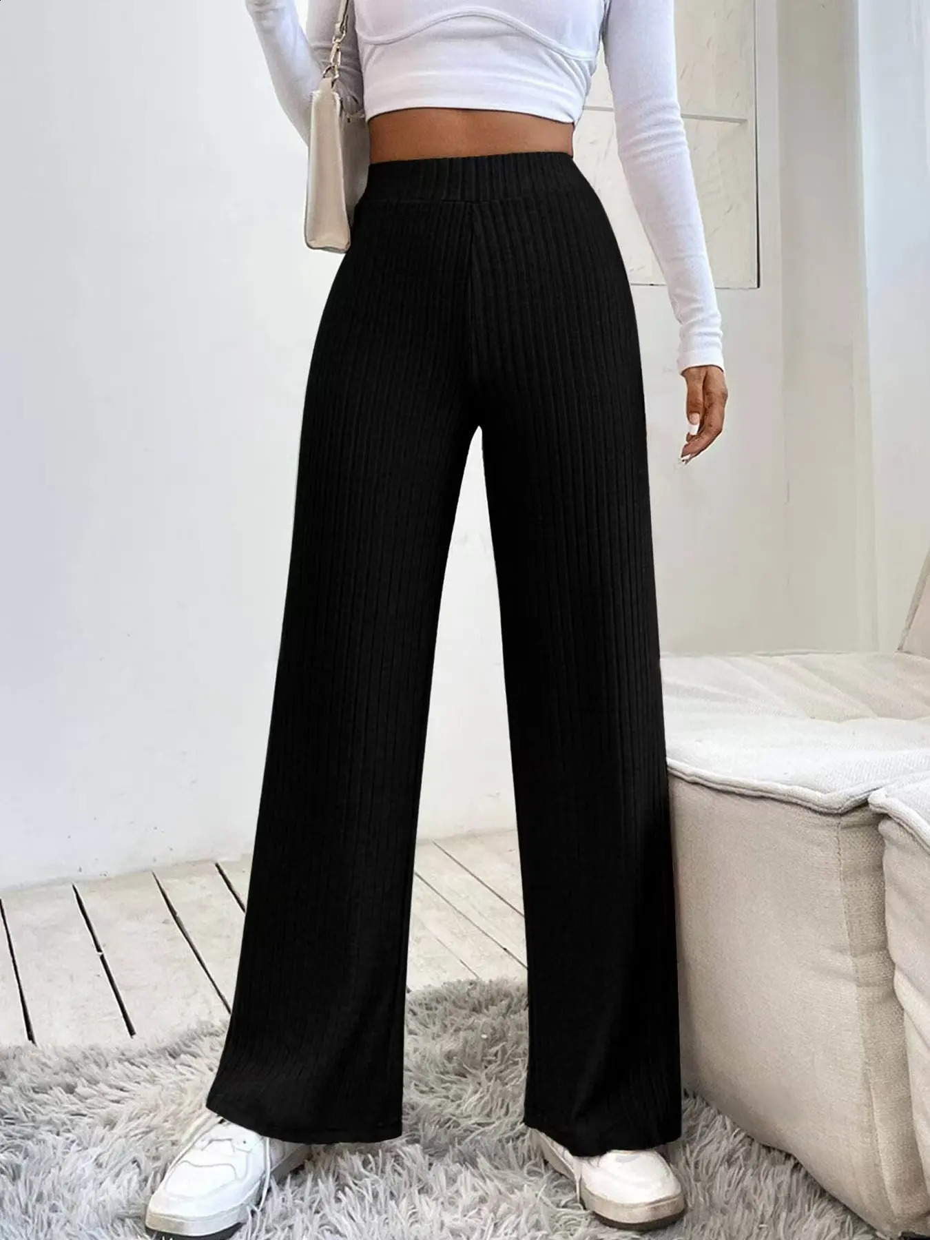 Womens Elegant Ribbed Knit Straight Pants Soft and stretchy perfect for spring autumn 250122